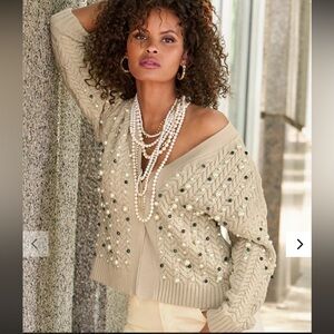 EUC. Boston Proper Pearl Embellished Cardigan, Tan, Size Small (6-8).
